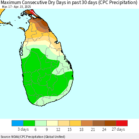 Sri Lanka Maximum Consecutive Dry Days in past 30 days (CPC Precipitation) Thematic Map For 4/11/2025 - 4/15/2025