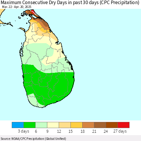 Sri Lanka Maximum Consecutive Dry Days in past 30 days (CPC Precipitation) Thematic Map For 4/16/2025 - 4/20/2025