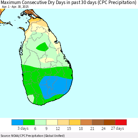 Sri Lanka Maximum Consecutive Dry Days in past 30 days (CPC Precipitation) Thematic Map For 4/26/2025 - 4/30/2025