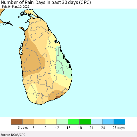 Sri Lanka Number of Rain Days in past 30 days (CPC) Thematic Map For 3/6/2022 - 3/10/2022