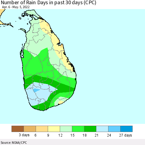 Sri Lanka Number of Rain Days in past 30 days (CPC) Thematic Map For 5/1/2022 - 5/5/2022