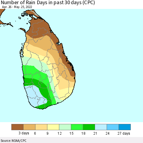 Sri Lanka Number of Rain Days in past 30 days (CPC) Thematic Map For 5/21/2022 - 5/25/2022