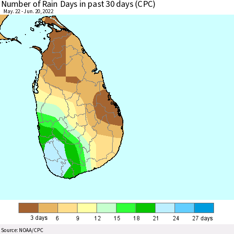 Sri Lanka Number of Rain Days in past 30 days (CPC) Thematic Map For 6/16/2022 - 6/20/2022