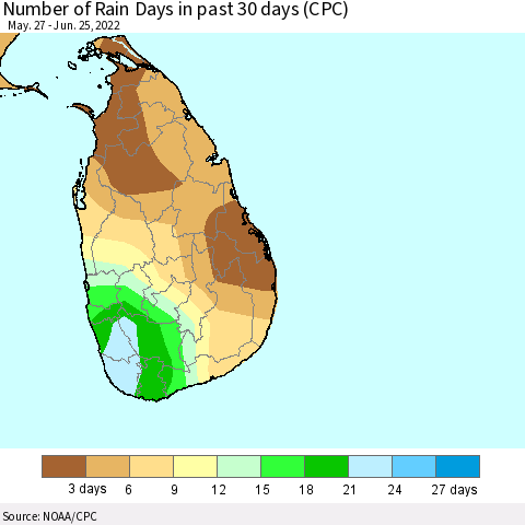Sri Lanka Number of Rain Days in past 30 days (CPC) Thematic Map For 6/21/2022 - 6/25/2022