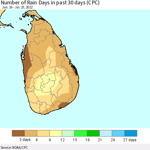 Sri Lanka Number of Rain Days in past 30 days (CPC) Thematic Map For 7/21/2022 - 7/25/2022