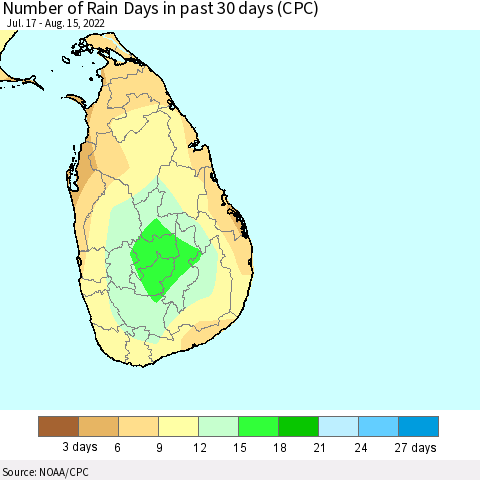 Sri Lanka Number of Rain Days in past 30 days (CPC) Thematic Map For 8/11/2022 - 8/15/2022