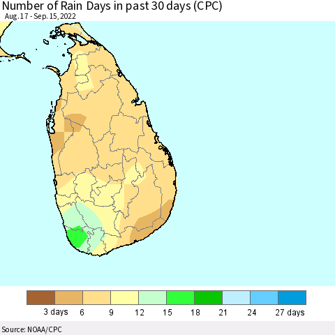 Sri Lanka Number of Rain Days in past 30 days (CPC) Thematic Map For 9/11/2022 - 9/15/2022