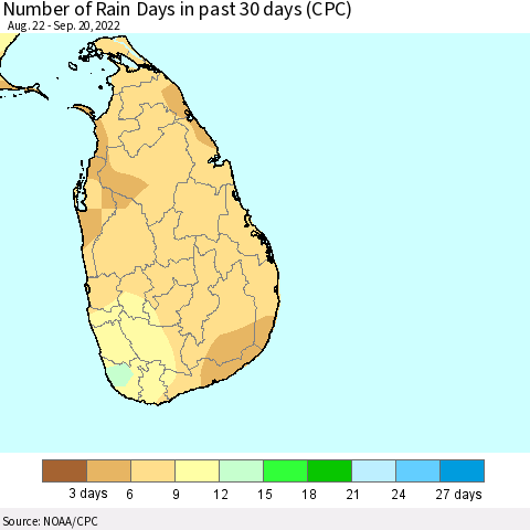 Sri Lanka Number of Rain Days in past 30 days (CPC) Thematic Map For 9/16/2022 - 9/20/2022
