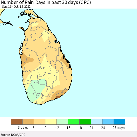 Sri Lanka Number of Rain Days in past 30 days (CPC) Thematic Map For 10/11/2022 - 10/15/2022