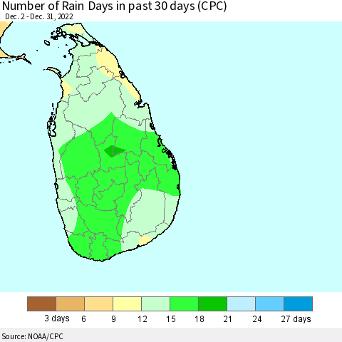 Sri Lanka Number of Rain Days in past 30 days (CPC) Thematic Map For 12/26/2022 - 12/31/2022