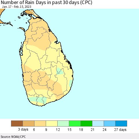 Sri Lanka Number of Rain Days in past 30 days (CPC) Thematic Map For 2/11/2023 - 2/15/2023