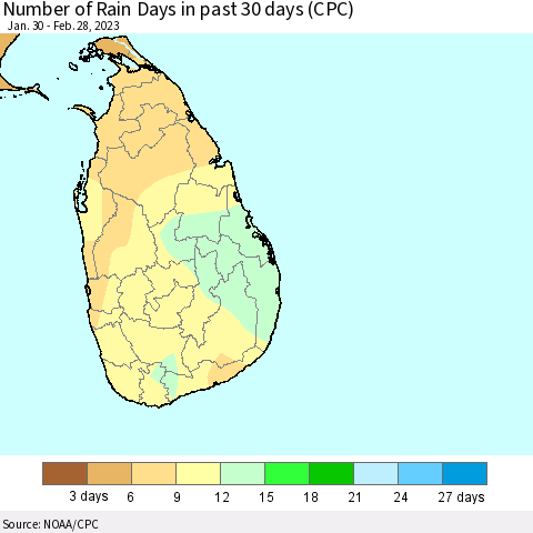 Sri Lanka Number of Rain Days in past 30 days (CPC) Thematic Map For 2/26/2023 - 2/28/2023