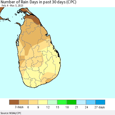 Sri Lanka Number of Rain Days in past 30 days (CPC) Thematic Map For 3/1/2023 - 3/5/2023