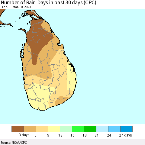 Sri Lanka Number of Rain Days in past 30 days (CPC) Thematic Map For 3/6/2023 - 3/10/2023