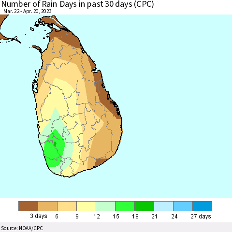 Sri Lanka Number of Rain Days in past 30 days (CPC) Thematic Map For 4/16/2023 - 4/20/2023