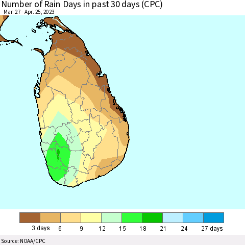 Sri Lanka Number of Rain Days in past 30 days (CPC) Thematic Map For 4/21/2023 - 4/25/2023
