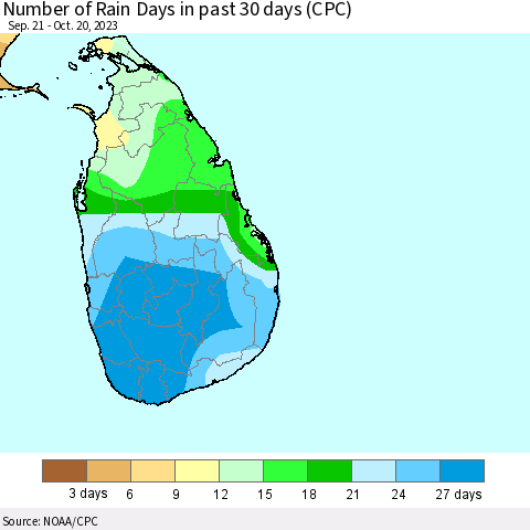 Sri Lanka Number of Rain Days in past 30 days (CPC) Thematic Map For 10/16/2023 - 10/20/2023