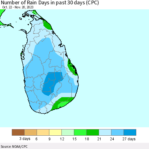 Sri Lanka Number of Rain Days in past 30 days (CPC) Thematic Map For 11/16/2023 - 11/20/2023