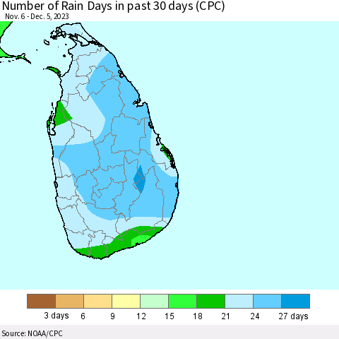 Sri Lanka Number of Rain Days in past 30 days (CPC) Thematic Map For 12/1/2023 - 12/5/2023