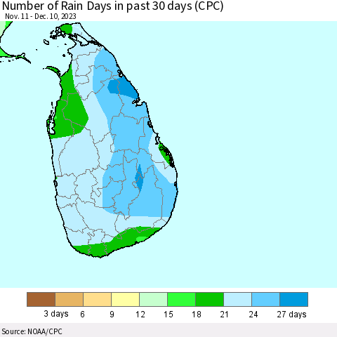 Sri Lanka Number of Rain Days in past 30 days (CPC) Thematic Map For 12/6/2023 - 12/10/2023