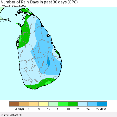 Sri Lanka Number of Rain Days in past 30 days (CPC) Thematic Map For 12/11/2023 - 12/15/2023