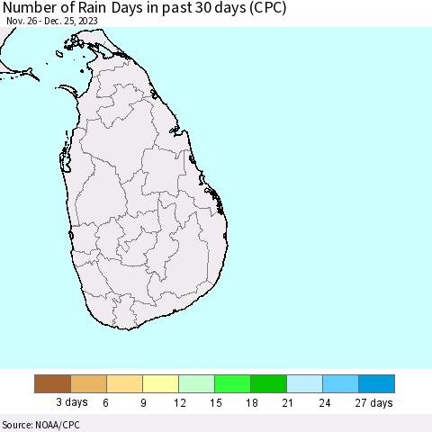 Sri Lanka Number of Rain Days in past 30 days (CPC) Thematic Map For 12/21/2023 - 12/25/2023