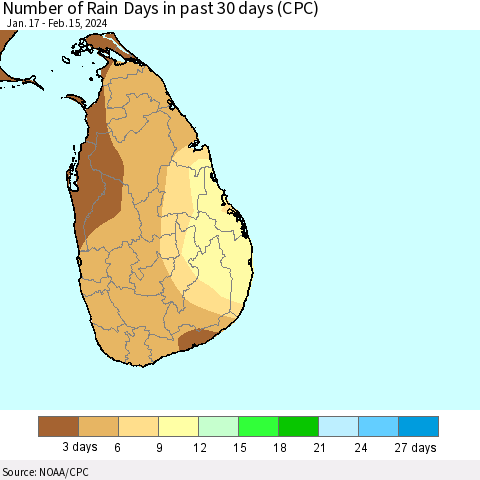Sri Lanka Number of Rain Days in past 30 days (CPC) Thematic Map For 2/11/2024 - 2/15/2024