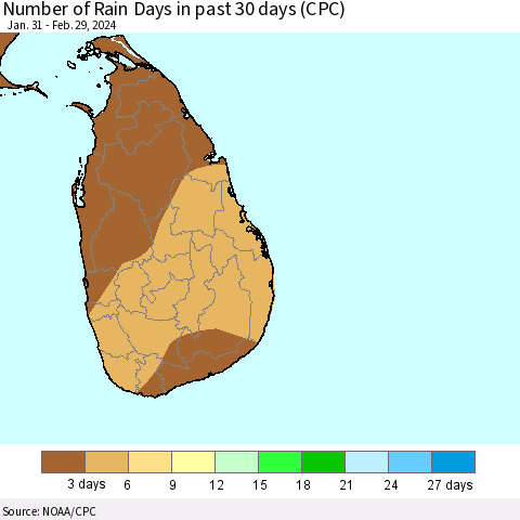 Sri Lanka Number of Rain Days in past 30 days (CPC) Thematic Map For 2/26/2024 - 2/29/2024