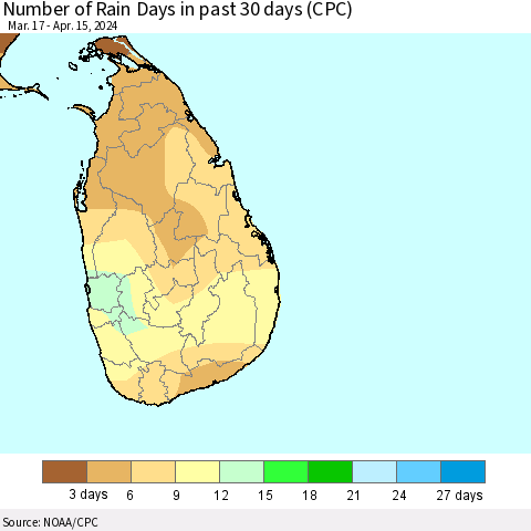 Sri Lanka Number of Rain Days in past 30 days (CPC) Thematic Map For 4/11/2024 - 4/15/2024