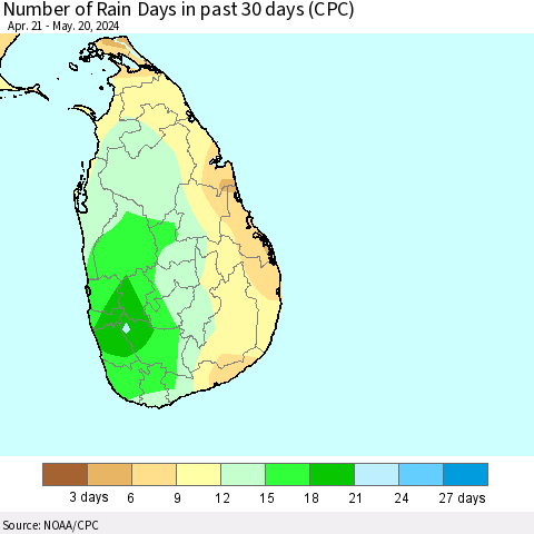 Sri Lanka Number of Rain Days in past 30 days (CPC) Thematic Map For 5/16/2024 - 5/20/2024