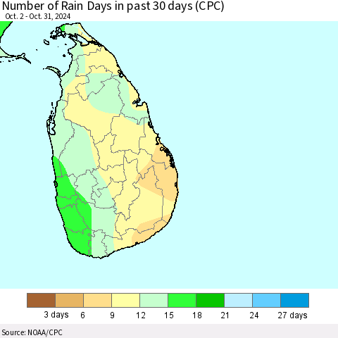 Sri Lanka Number of Rain Days in past 30 days (CPC) Thematic Map For 10/26/2024 - 10/31/2024