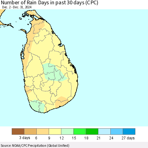 Sri Lanka Number of Rain Days in past 30 days (CPC) Thematic Map For 12/26/2024 - 12/31/2024