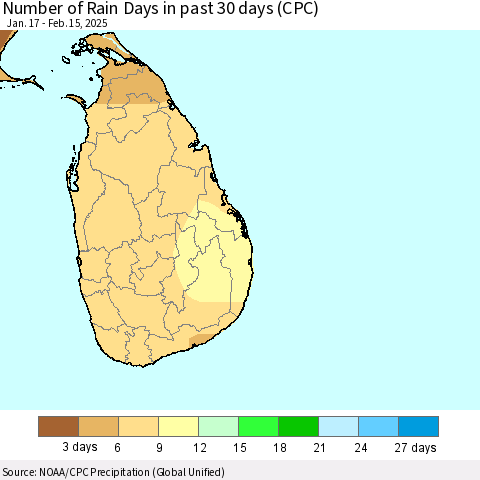 Sri Lanka Number of Rain Days in past 30 days (CPC) Thematic Map For 2/11/2025 - 2/15/2025