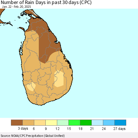 Sri Lanka Number of Rain Days in past 30 days (CPC) Thematic Map For 2/16/2025 - 2/20/2025