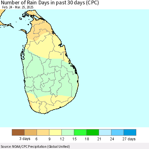 Sri Lanka Number of Rain Days in past 30 days (CPC) Thematic Map For 3/21/2025 - 3/25/2025