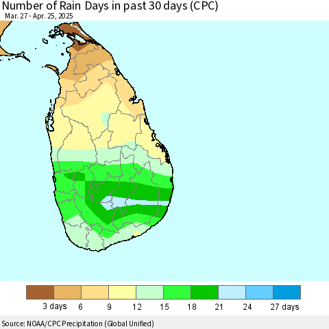 Sri Lanka Number of Rain Days in past 30 days (CPC) Thematic Map For 4/21/2025 - 4/25/2025