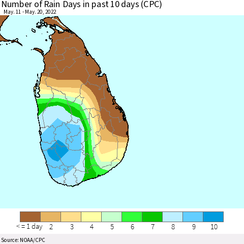 Sri Lanka Number of Rain Days in past 10 days (CPC) Thematic Map For 5/16/2022 - 5/20/2022
