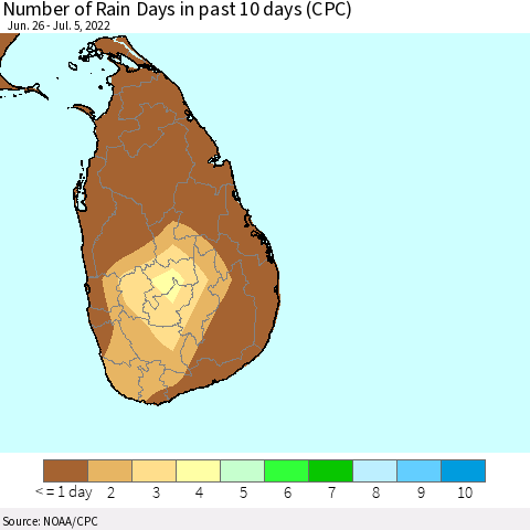 Sri Lanka Number of Rain Days in past 10 days (CPC) Thematic Map For 7/1/2022 - 7/5/2022