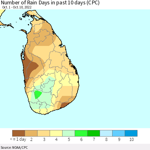 Sri Lanka Number of Rain Days in past 10 days (CPC) Thematic Map For 10/6/2022 - 10/10/2022
