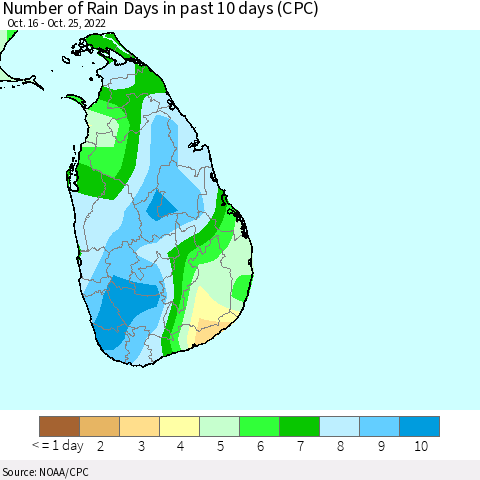 Sri Lanka Number of Rain Days in past 10 days (CPC) Thematic Map For 10/21/2022 - 10/25/2022