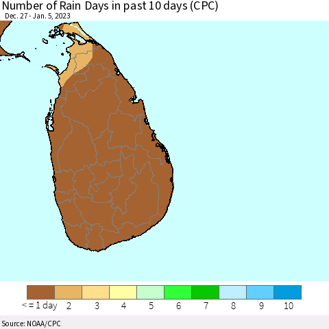 Sri Lanka Number of Rain Days in past 10 days (CPC) Thematic Map For 1/1/2023 - 1/5/2023