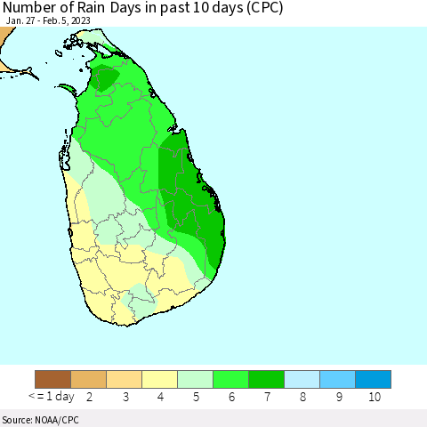 Sri Lanka Number of Rain Days in past 10 days (CPC) Thematic Map For 2/1/2023 - 2/5/2023