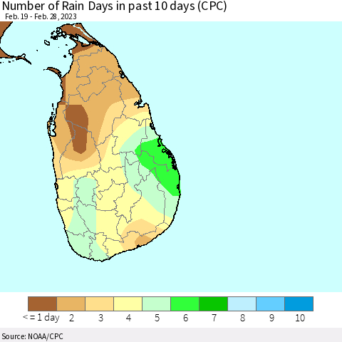 Sri Lanka Number of Rain Days in past 10 days (CPC) Thematic Map For 2/26/2023 - 2/28/2023