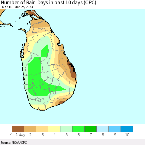 Sri Lanka Number of Rain Days in past 10 days (CPC) Thematic Map For 3/21/2023 - 3/25/2023