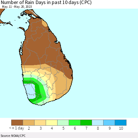 Sri Lanka Number of Rain Days in past 10 days (CPC) Thematic Map For 5/16/2023 - 5/20/2023