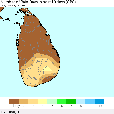 Sri Lanka Number of Rain Days in past 10 days (CPC) Thematic Map For 5/26/2023 - 5/31/2023