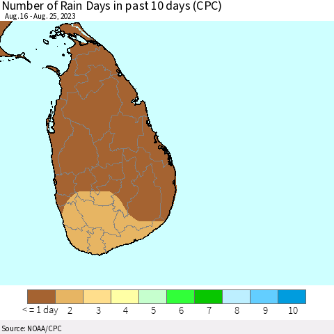 Sri Lanka Number of Rain Days in past 10 days (CPC) Thematic Map For 8/21/2023 - 8/25/2023