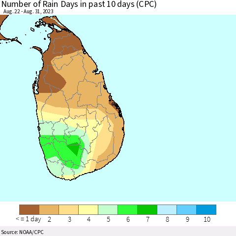 Sri Lanka Number of Rain Days in past 10 days (CPC) Thematic Map For 8/26/2023 - 8/31/2023