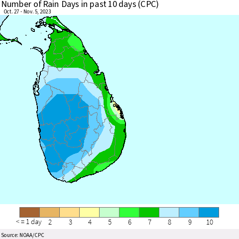 Sri Lanka Number of Rain Days in past 10 days (CPC) Thematic Map For 11/1/2023 - 11/5/2023