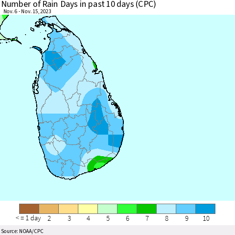 Sri Lanka Number of Rain Days in past 10 days (CPC) Thematic Map For 11/11/2023 - 11/15/2023